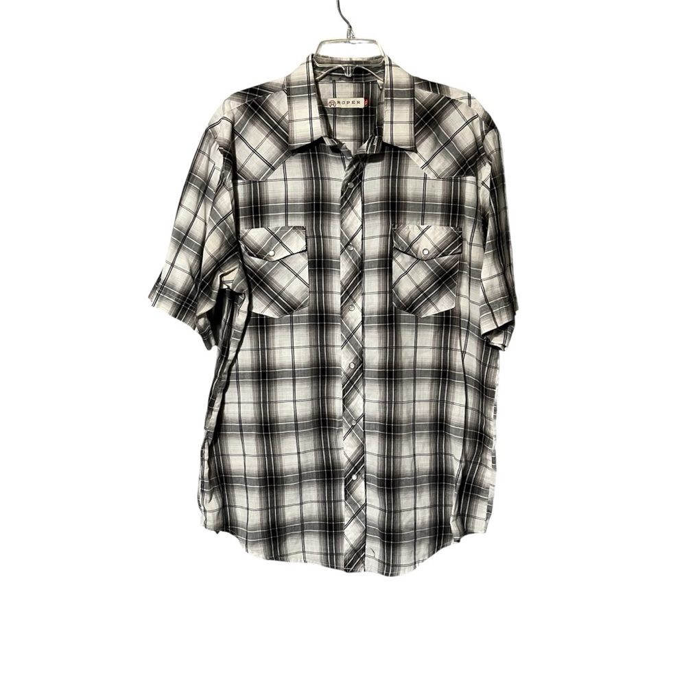 Roper Plaid Western Shirt XL‎ Gray Black Short Sleeve pearl Snap Button Front